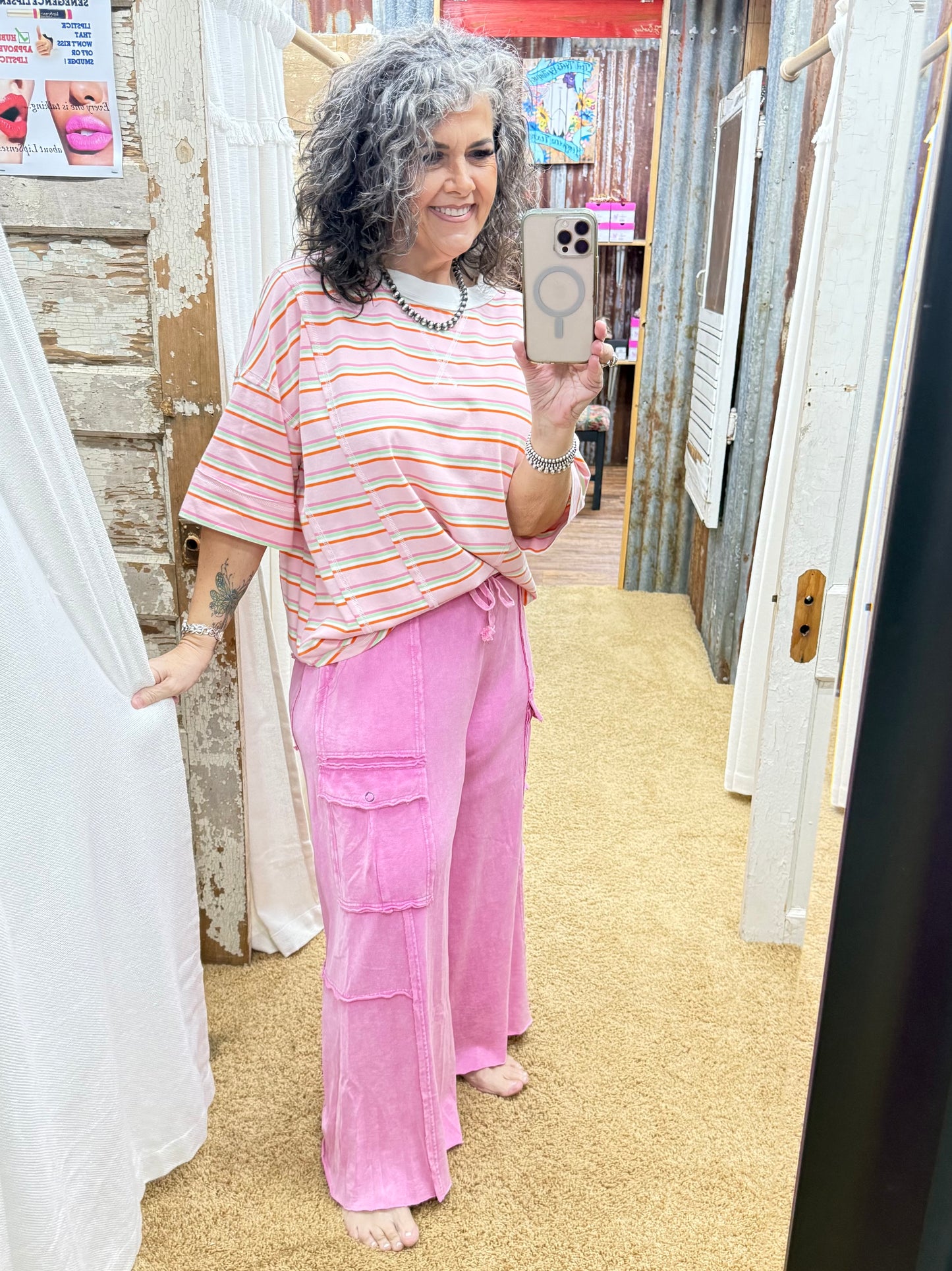 Striped Oversized Short Sleeve Knit Top: PINK COMBO