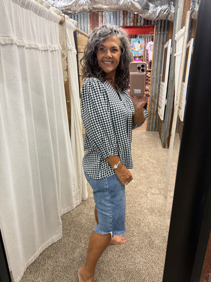 UMGEE Black Gingham Check Collared Puff Sleeve Blouse