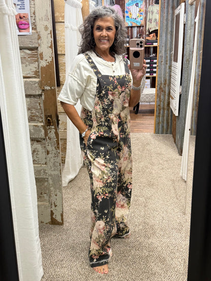 BlueVelvet Floral Print Wide Leg Overalls - Black