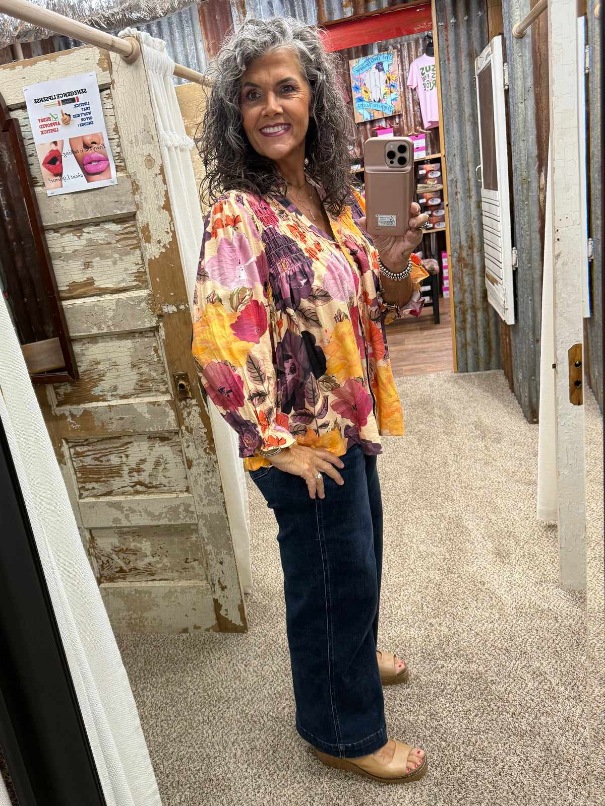 UMGEE Ecru Mix Floral Print Button Front Blouse