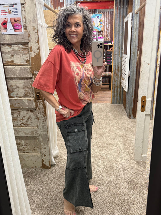 EASEL BLACK WASHED WIDE LEGS TERRY CARGO PANTS