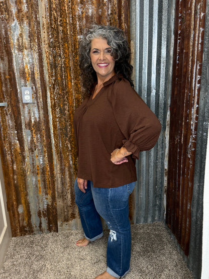 UMGEE Chocolate Collared Split V Neck Top