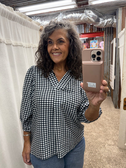 UMGEE Black Gingham Check Collared Puff Sleeve Blouse
