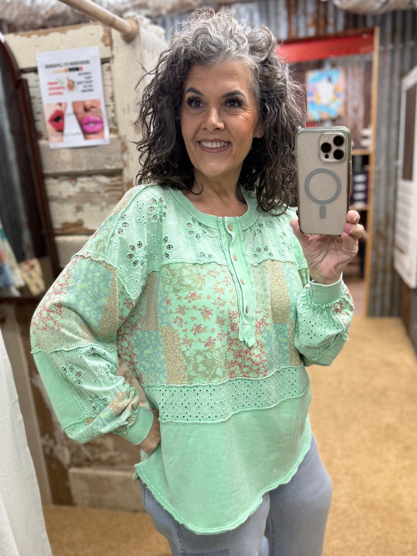 ATLANTIS GREEN PRINT MIX BUTTON FRONT WASHED TOP