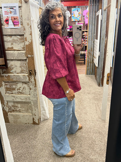 UMGEE Wine Paisley Textured Puff Sleeve Blouse