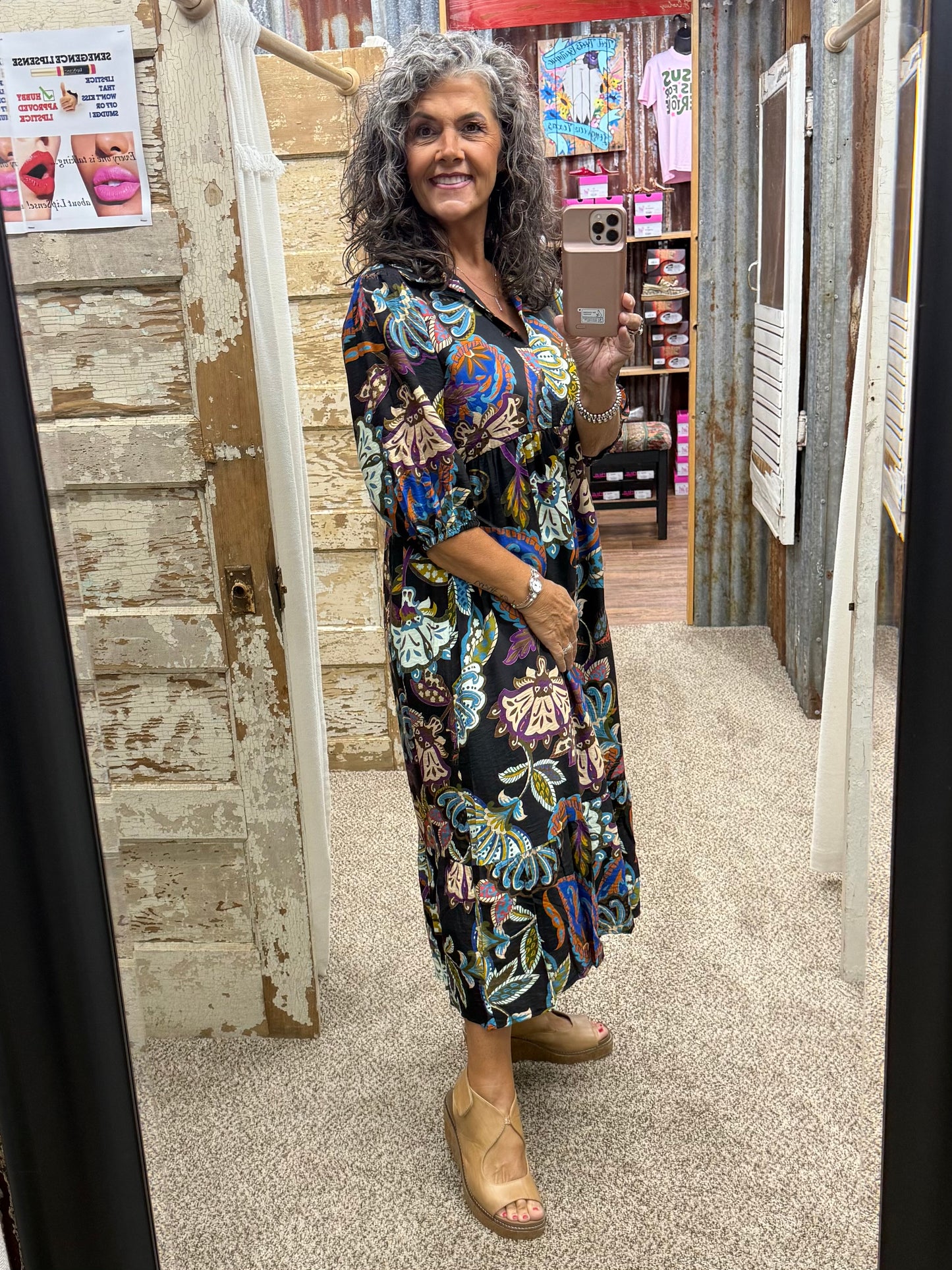 UMGEE Black Boho Paisley Tiered Midi Dress