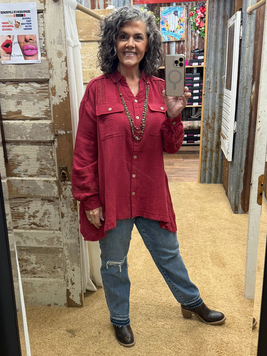 RED WINE SHARKBITE SOFT WASHED COTTON GAUZE TUNIC