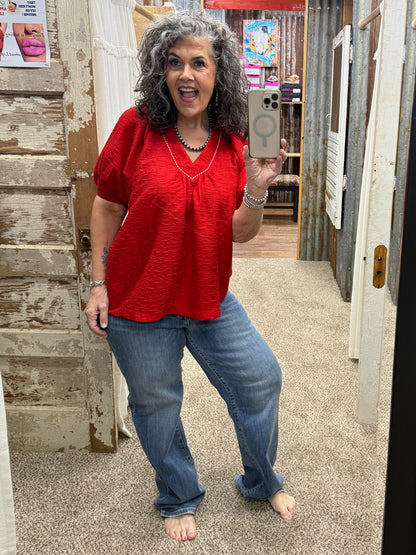 UMGEE Red Textured V-Neck Short Sleeve Top