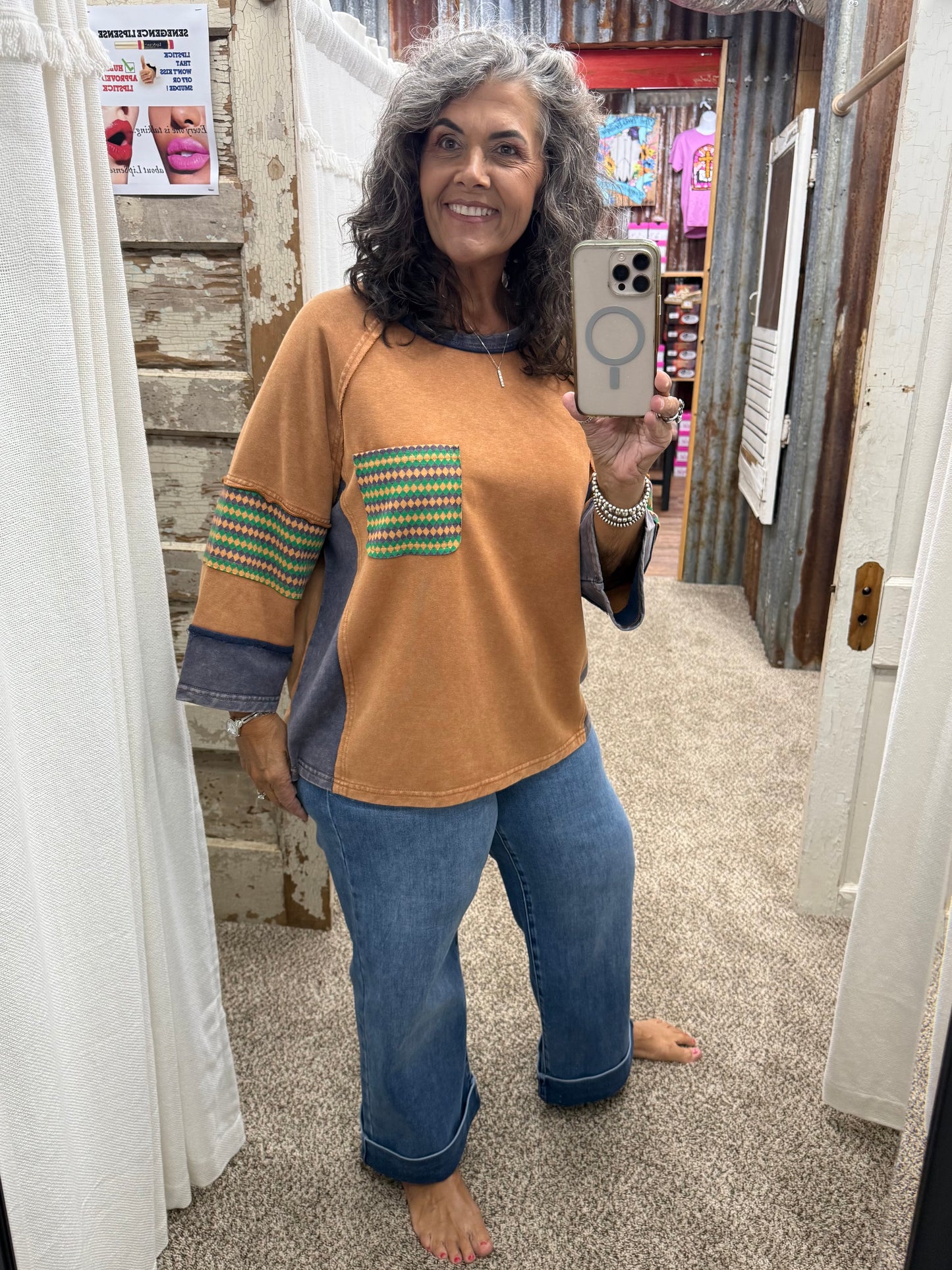 Camel ETHNIC PRINT MIX WASHED TERRY BOXY TOP