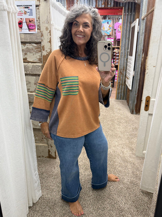 Camel ETHNIC PRINT MIX WASHED TERRY BOXY TOP