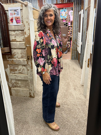 UMGEE Black Mix Floral Print Button Front Blouse