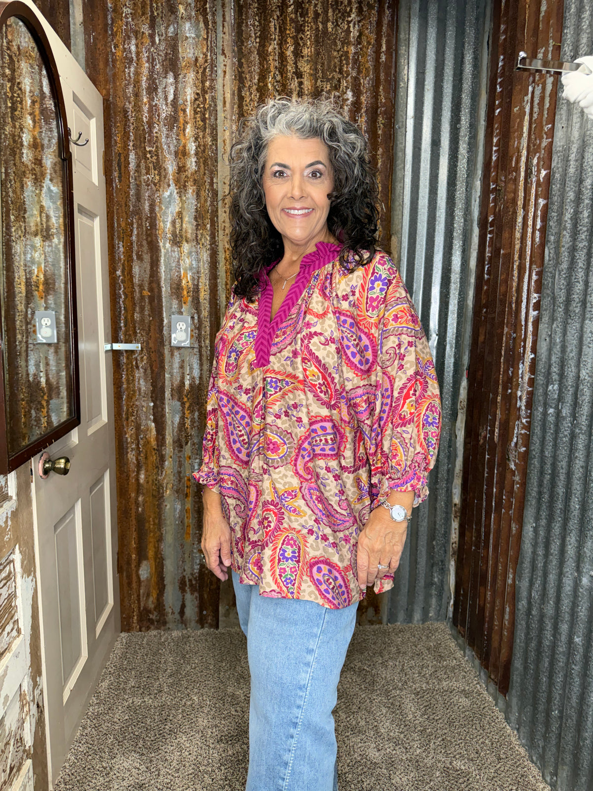 UMGEE Ecru Mix Paisley Chevron Trim V-Neck Top