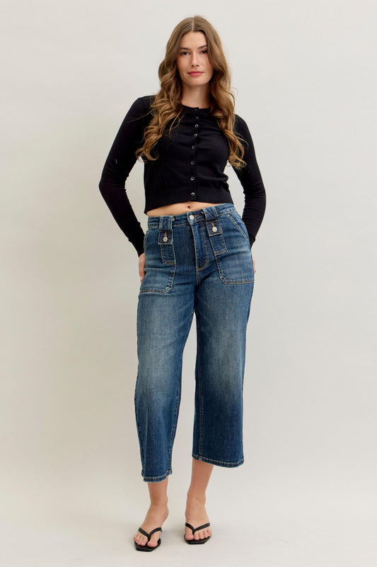 Judy Blue HW Wide Crop Utility & Patch Pocket Jeans