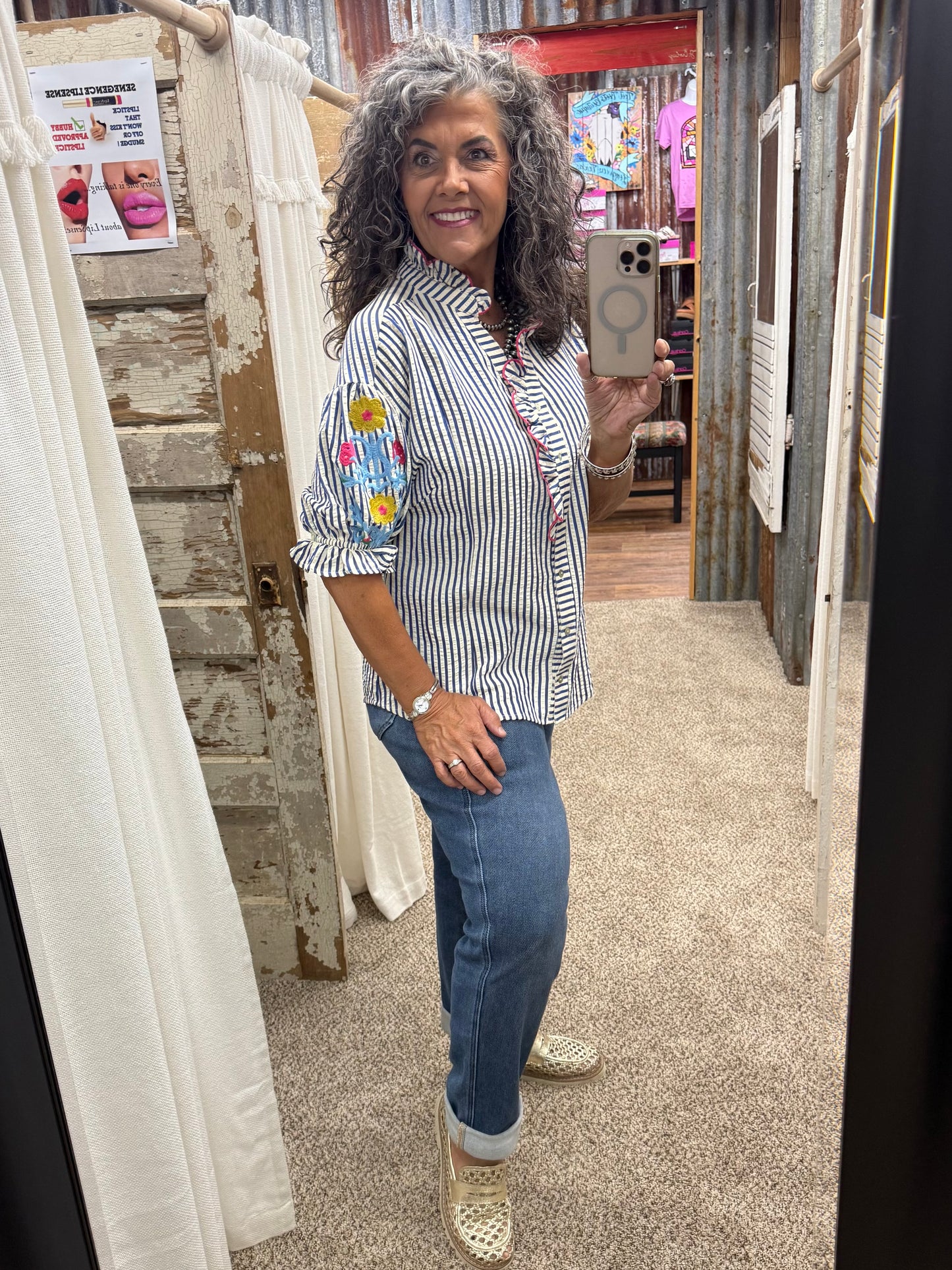 UMGEE Blue Embroidered Ruffle Trim Stripe Blouse