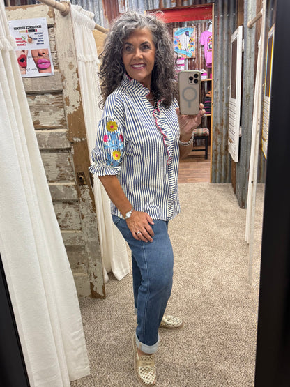 UMGEE Blue Embroidered Ruffle Trim Stripe Blouse