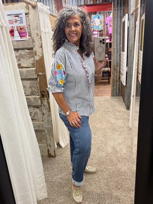 UMGEE Blue Embroidered Ruffle Trim Stripe Blouse