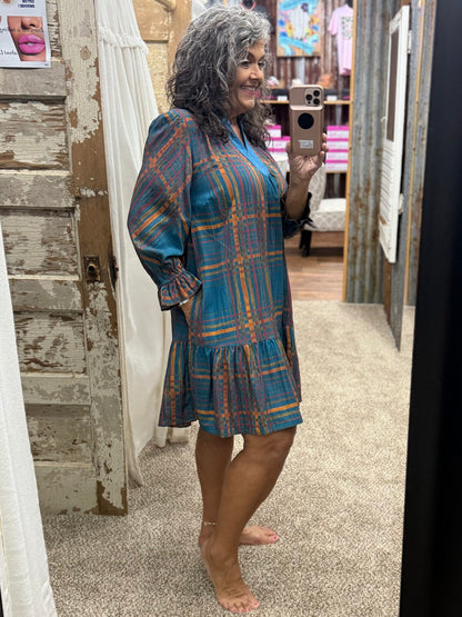 Umgee Teal Plaid Ruffled Mini Dress