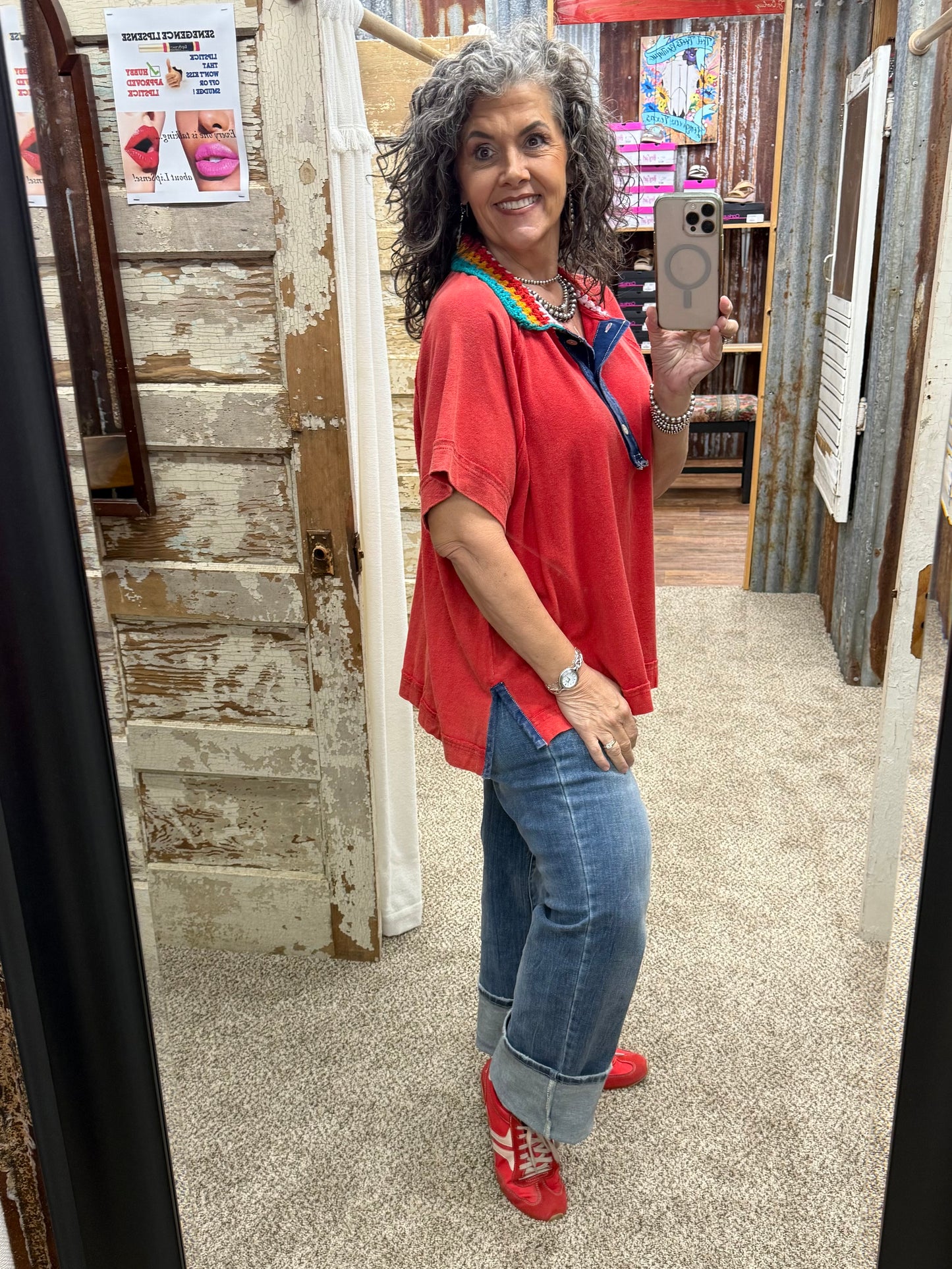 EASEL WASHED COTTON RED JERSEY TOP