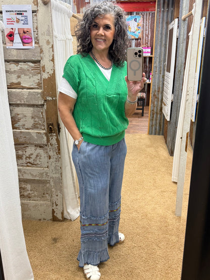 Green Dolman Short Sleeve Cable Sweater Top