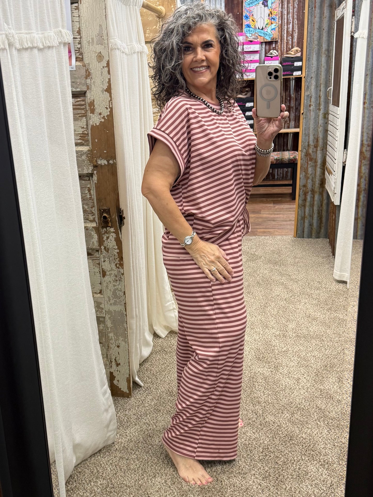 Striped Rib Top and Pants Lounge Set: DUSTY ROSE/BROWN