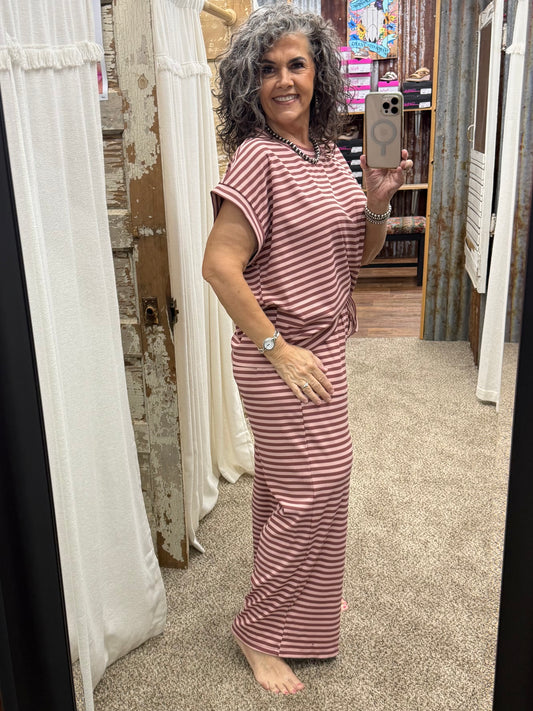 Striped Rib Top and Pants Lounge Set: DUSTY ROSE/BROWN