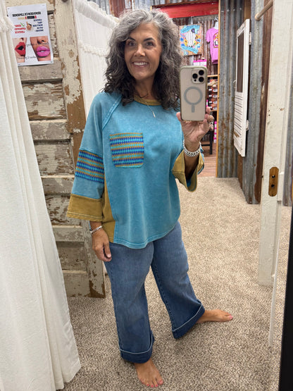 Faded Teal ETHNIC PRINT MIX WASHED TERRY BOXY TOP