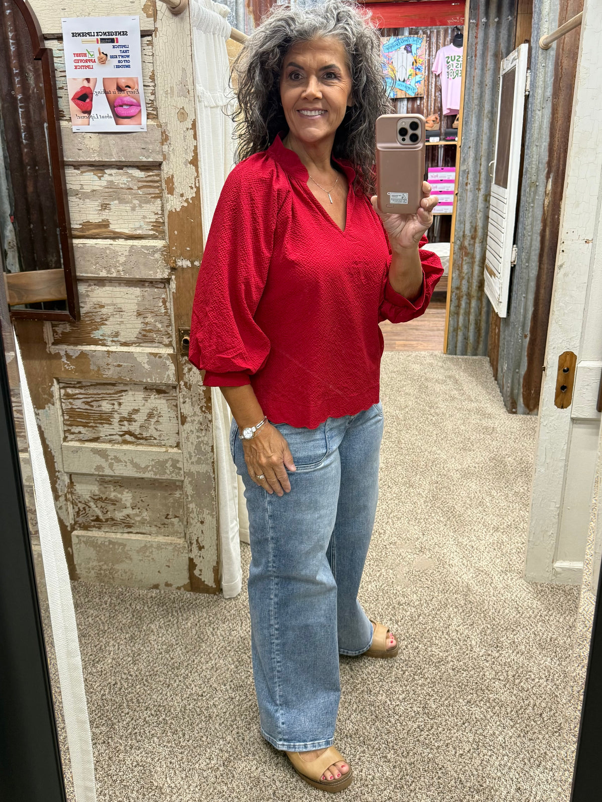 UMGEE Red Split V Neck Top with Balloon Sleeves