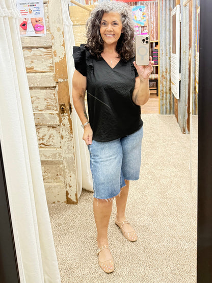 UMGEE Black Textured Ruffle Sleeve V-Neck Blouse