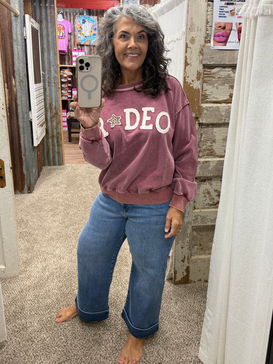 🤠 Rodeo Patch Front Washed Terry Pullover — Mulberry 🤠