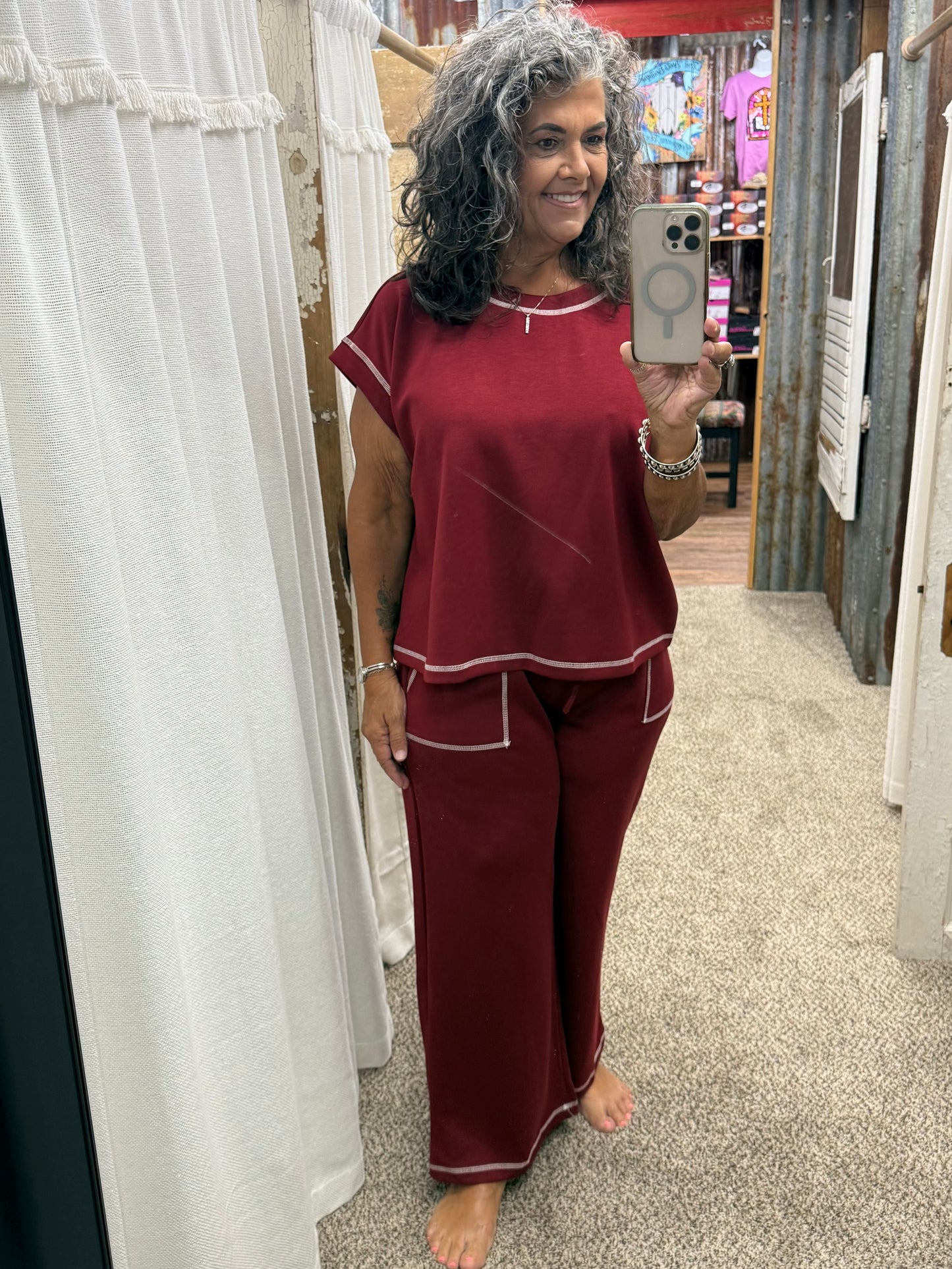 Maroon Scuba Raw Edge Lounge Set