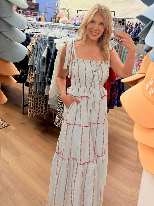 Tiered Red Floral Embroidered Maxi Dress