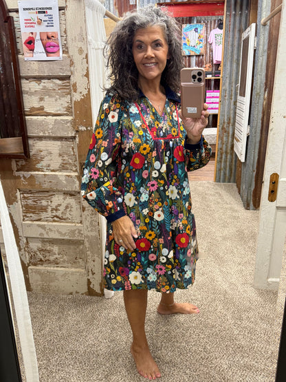 UMGEE Midnight Floral Print Smocked Yoke Babydoll Dress