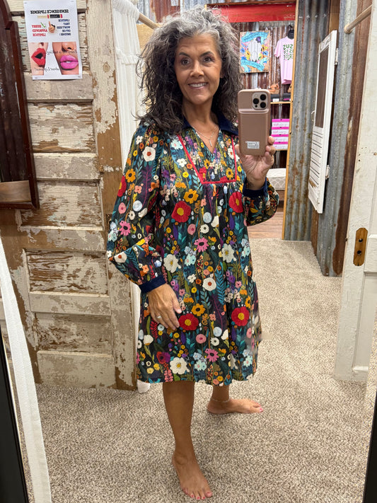 UMGEE Midnight Floral Print Smocked Yoke Babydoll Dress