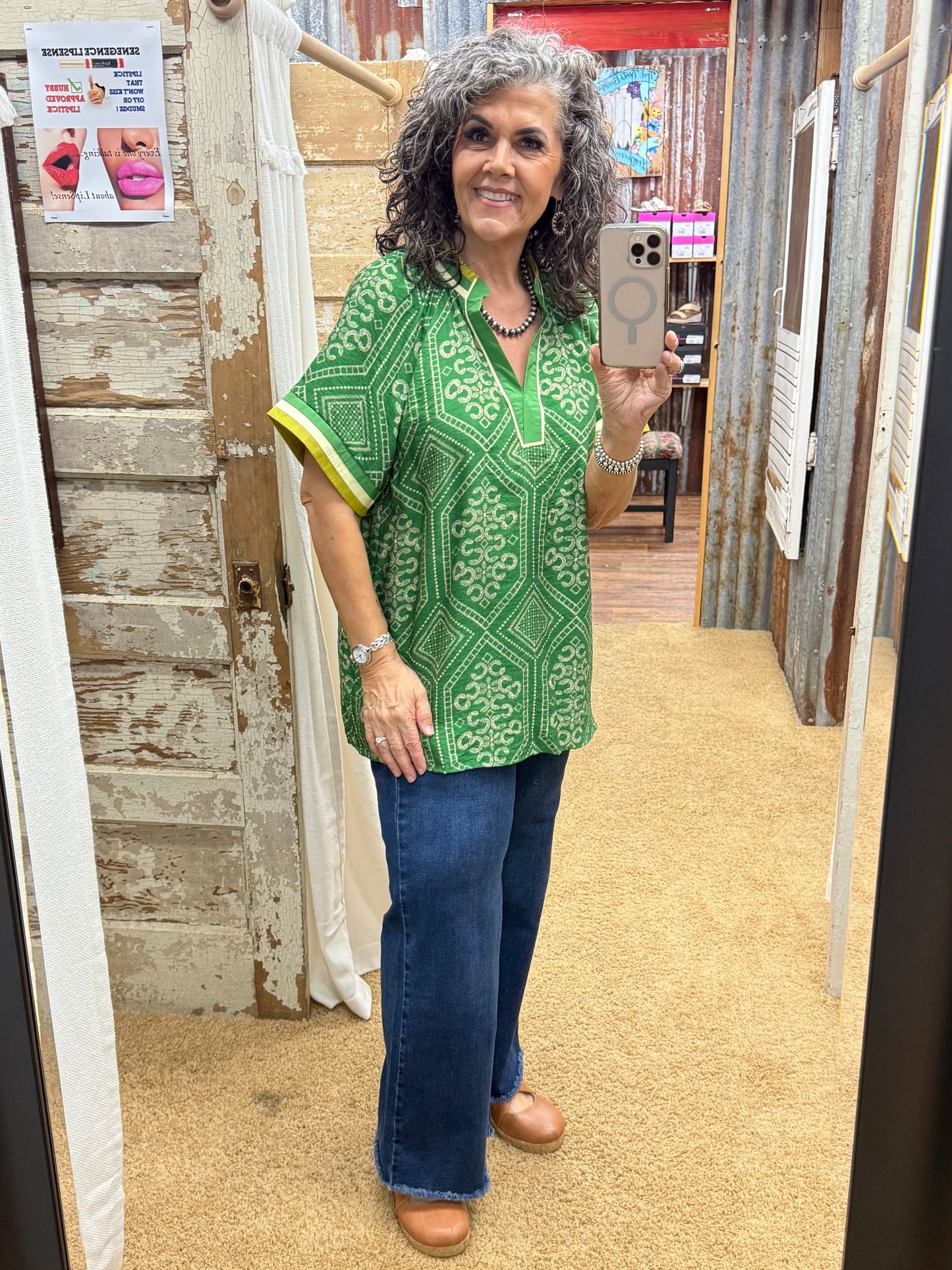 UMGEE Green Mix Geometric Print Top w/ Contrast Trim