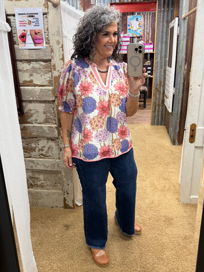 UMGEE Pink Floral Print Puff Sleeve Top