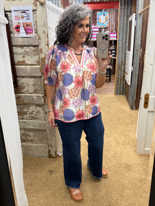 UMGEE Pink Floral Print Puff Sleeve Top