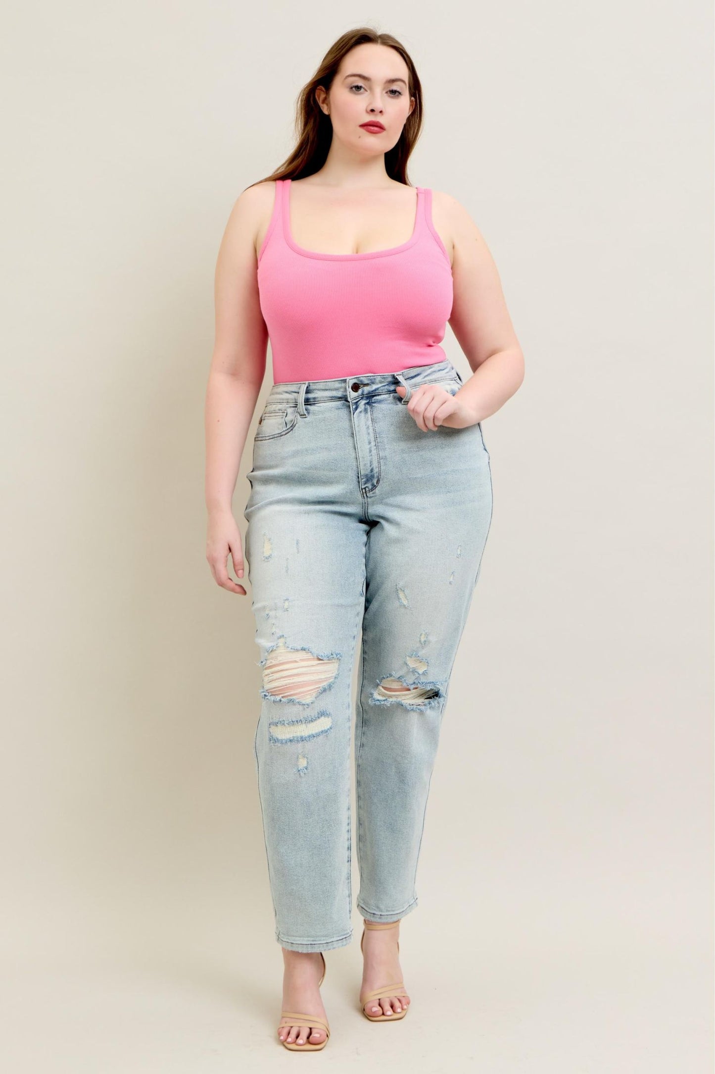 Judy Blue Mid Rise Repair Stitch Detail Destroy Single Cuff Boyfriend Jean 88972