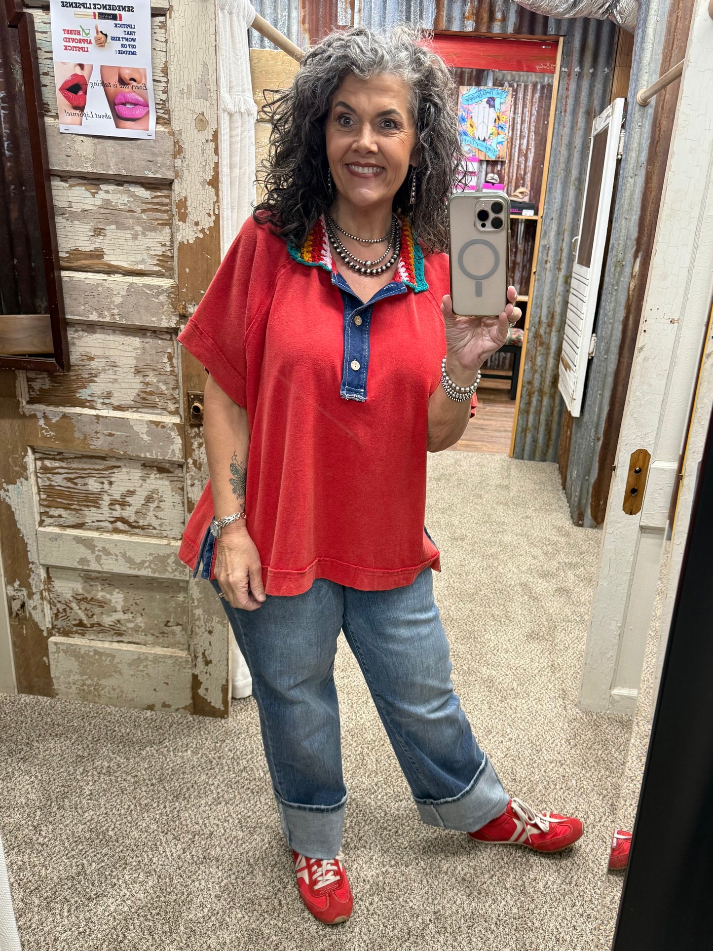 EASEL WASHED COTTON RED JERSEY TOP