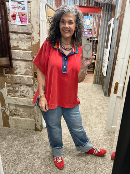 EASEL WASHED COTTON RED JERSEY TOP