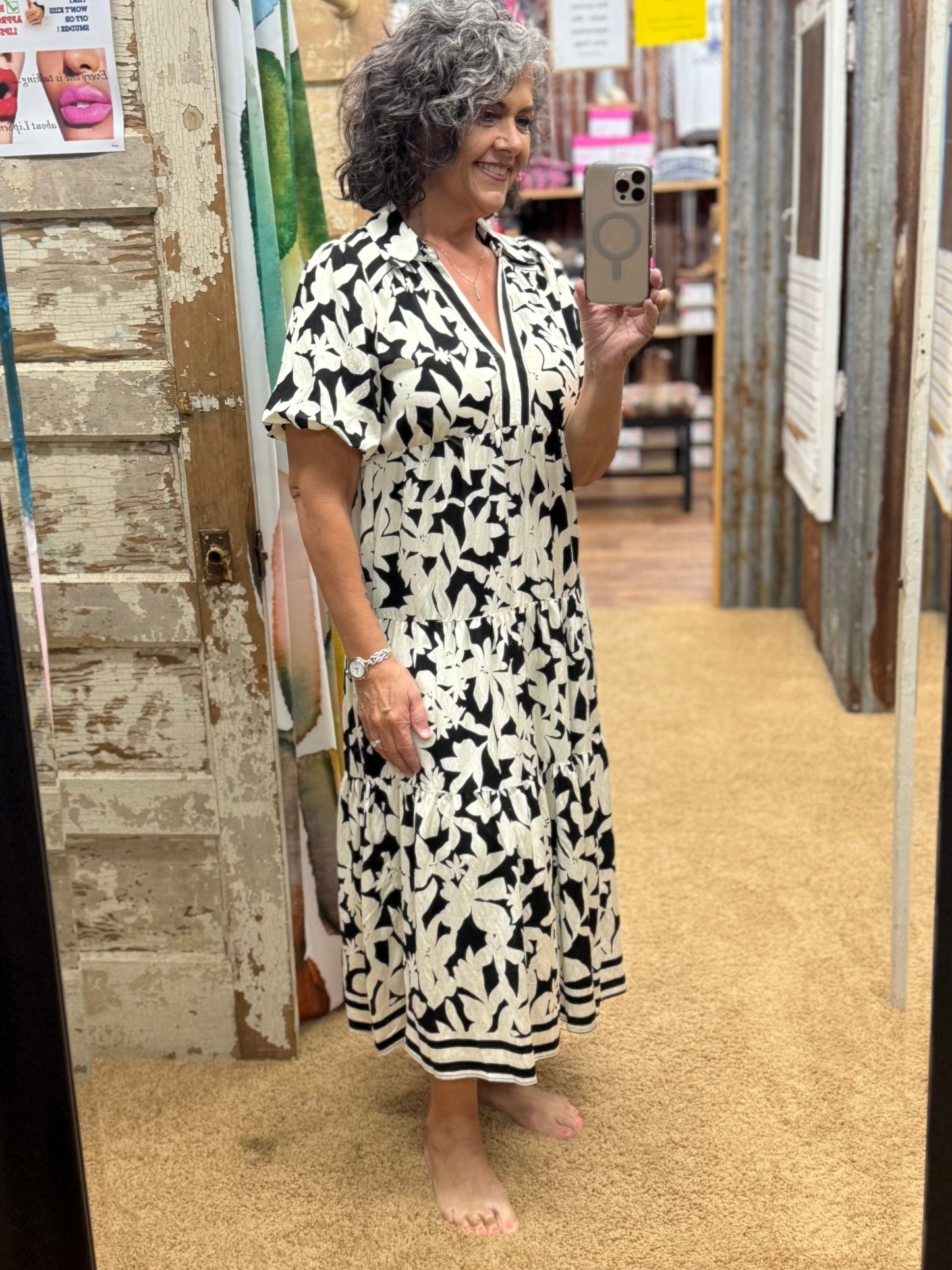 Botanical Print A Line Tiered Dress