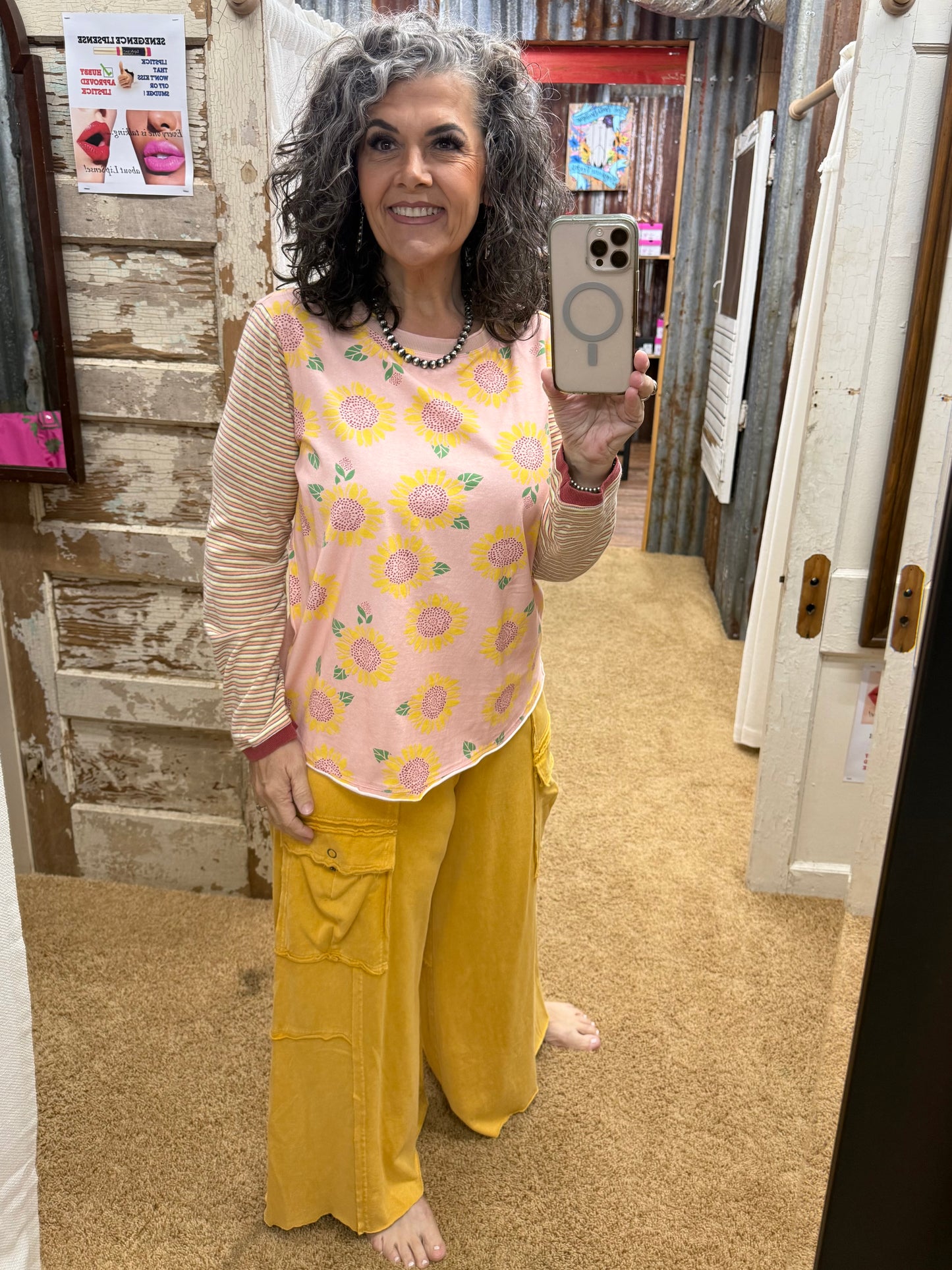 CORAL PINK FLOWER PRINT COTTON JERSEY WASHED TOP