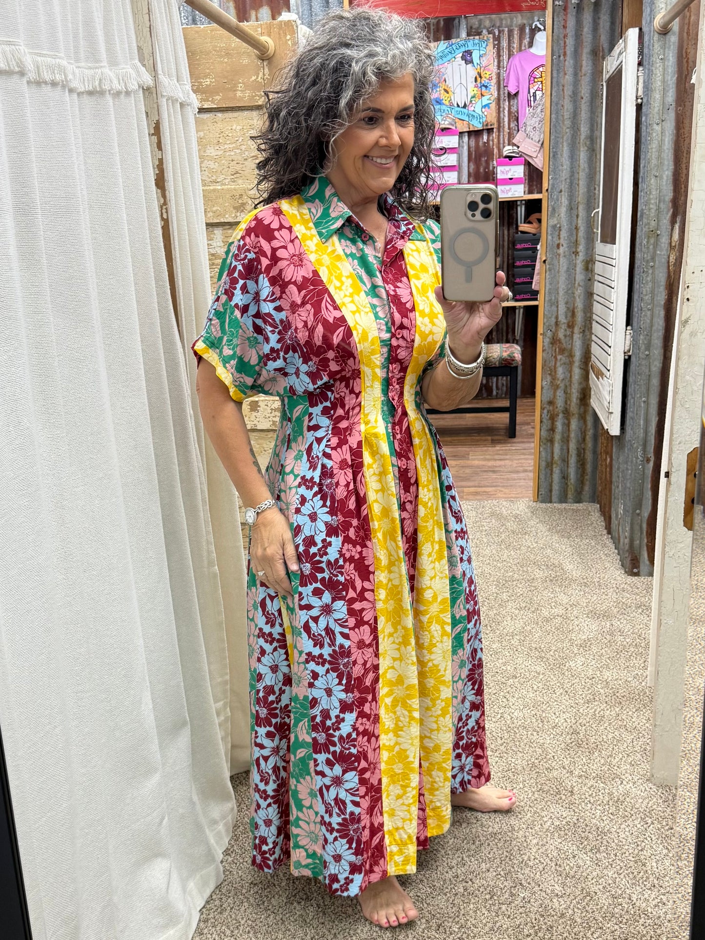 Mixed Floral Print Button-front Midi Dress: Floral Medley