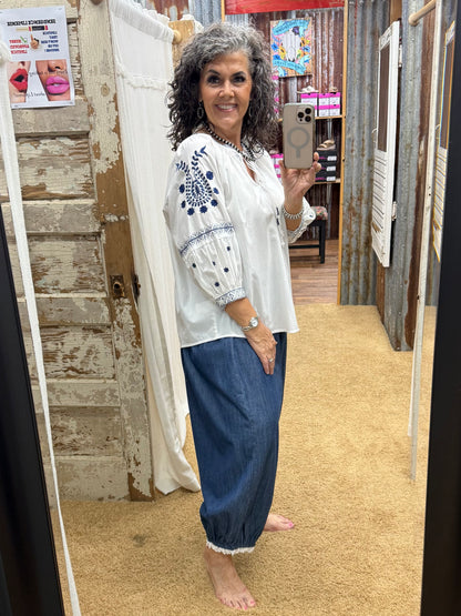 EASEL DARK WASH LACE HEM DETAILING WASHED DENIM PANTS