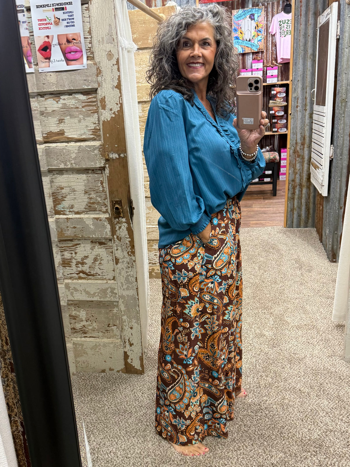 UMGEE Brown Mix Paisley Print Embroidered Wide Leg Pants