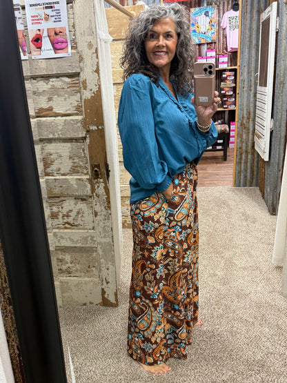 UMGEE Brown Mix Paisley Print Embroidered Wide Leg Pants