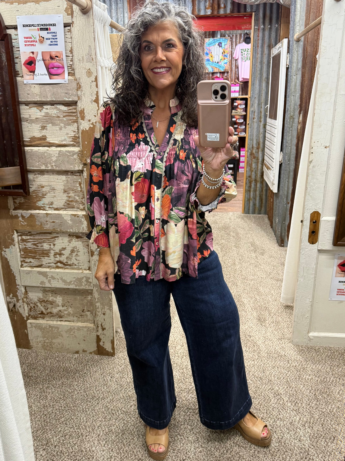 UMGEE Black Mix Floral Print Button Front Blouse
