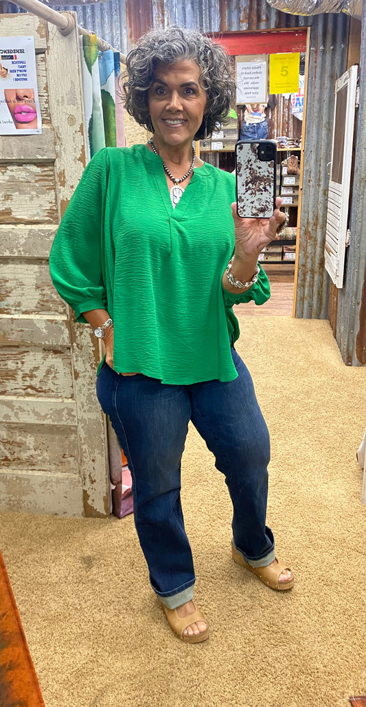 Kelly Green V-Neck Blouse