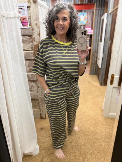 Striped Relaxed Fit Knit Top and Wide Leg Pant Set: CHARCOAL/LIME