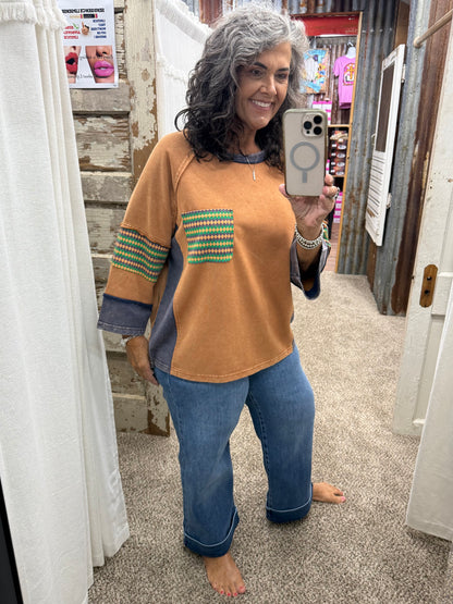 Camel ETHNIC PRINT MIX WASHED TERRY BOXY TOP