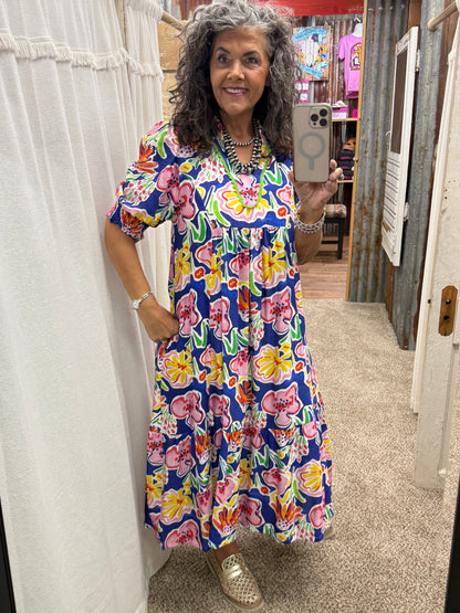 UMGEE Blue Floral Print Puff Sleeve Tiered Midi Dress